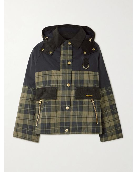 Barbour Green Elaine Hooded Corduroy-Trimmed Checked Waxed-Cotton Jacket