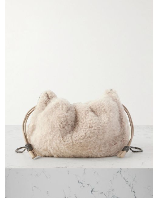 Brunello Cucinelli Womens Natural LeatherTrimmed Shearling Shoulder Bag