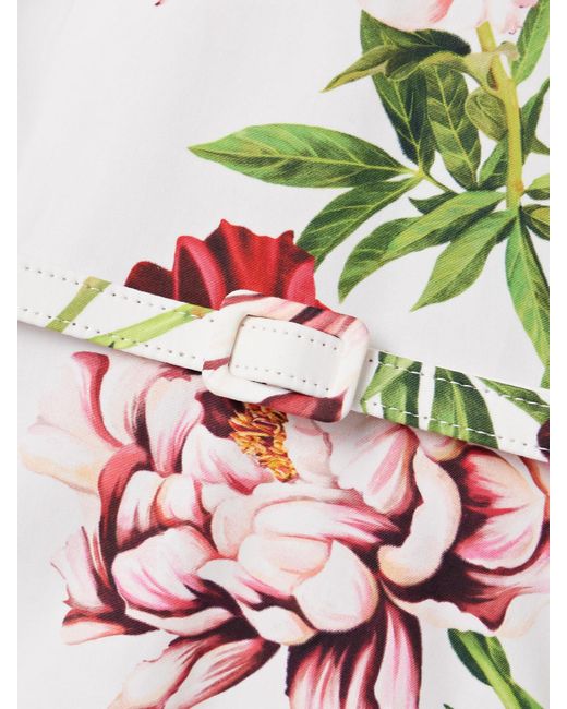 Oscar de la Renta White Midikleid Aus Popeline Aus Einer Baumwollmischung Mit Blumenprint Und Gürtel