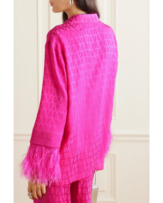 Valentino Garavani Pink Feather-Trimmed Silk-Jacquard Shirt