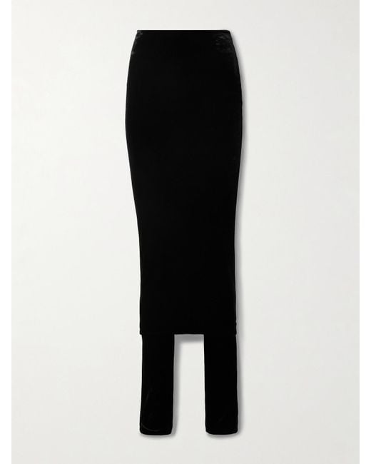 Alaïa Black Layered Stretch-Velvet Straight-Leg Pants