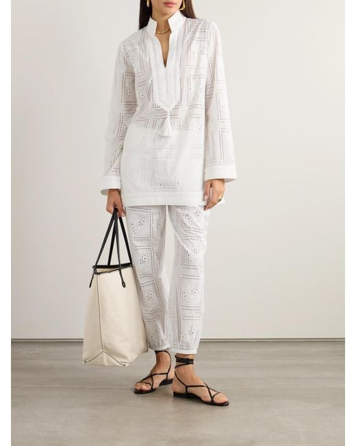 Tory Burch White Eyelet Beach Embroidered Cotton Tapered Pants