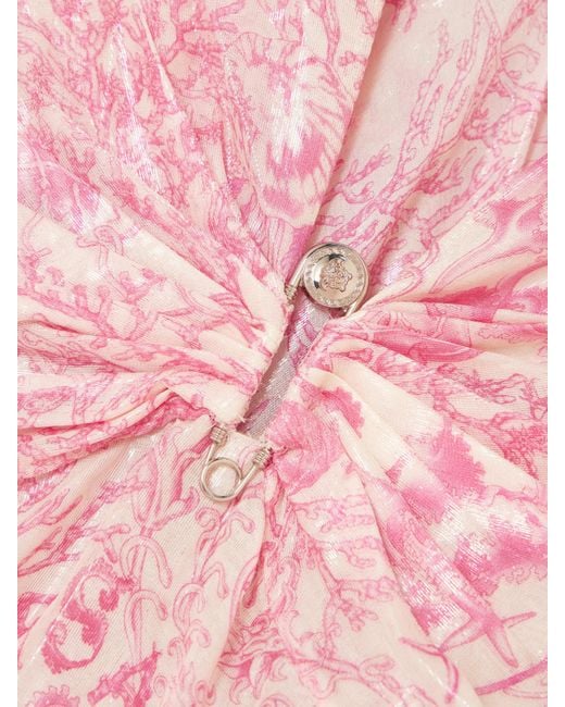 Versace Pink Embellished Metallic Printed Silk-Blend Chiffon Gown