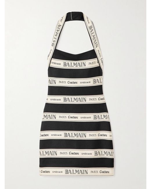 Balmain White Striped Jacquard-Knit Halterneck Mini Dress