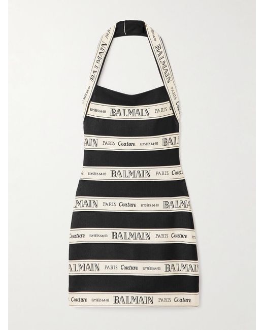 Balmain White Striped Jacquard-Knit Halterneck Mini Dress