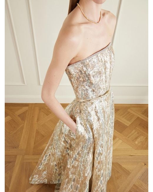 Elie Saab White Strapless Belted Sequin-Embellished Tulle Gown
