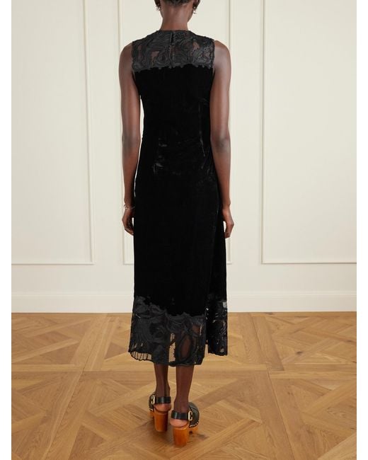 Ulla Johnson Black Rosaria Ruched Corded Lace-Trimmed Velvet Maxi Dress