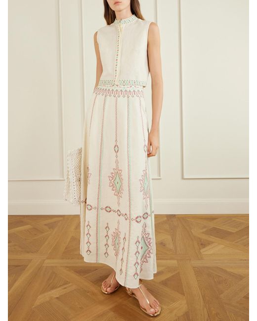 Emporio Sirenuse Natural Andorra Astragal Mare Embroidered Linen And Cotton-Blend Top