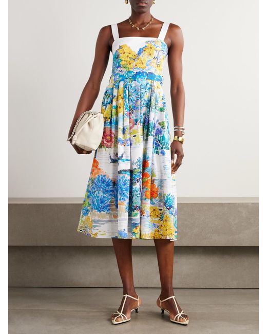 Mary Katrantzou White Iris Midikleid Aus Baumwollpopeline Mit Blumenprint Und Falten