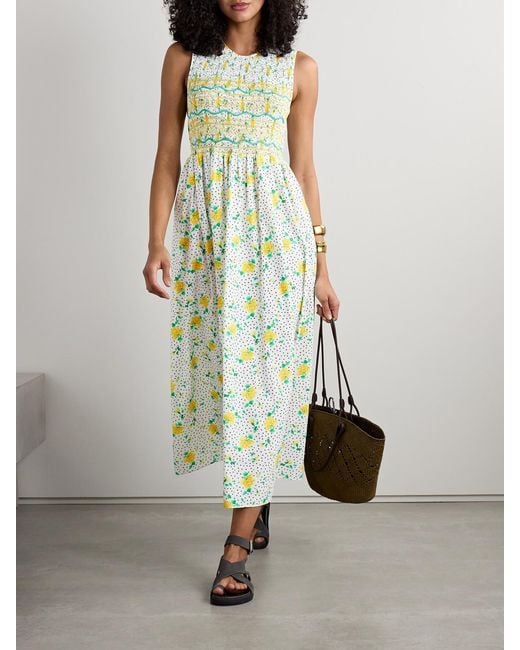 Loretta Caponi White Gioia Smocked Printed Cotton-Voile Midi Dress