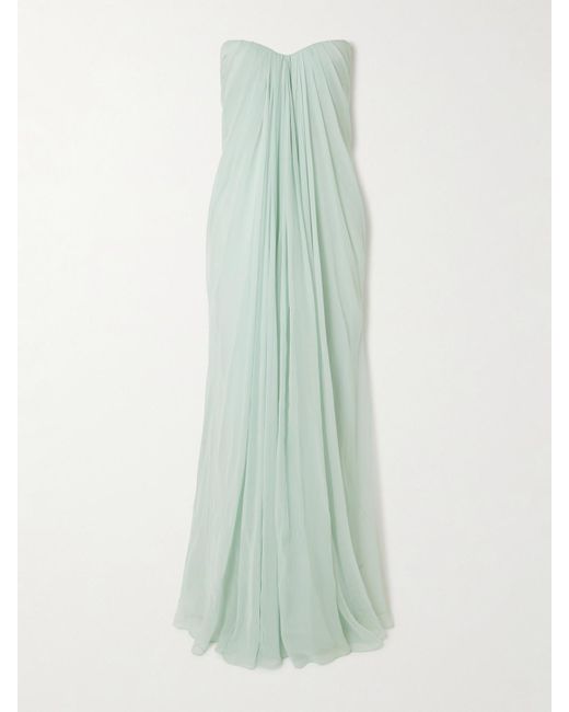 McQueen Green Strapless Draped Silk-Chiffon Bustier Gown