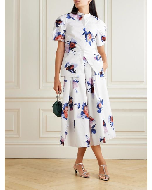 Jupe Midi En Popeline De Coton À Imprimé Fleuri Et À Plis Erdem en coloris White