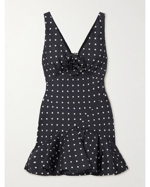 Rodarte Black Minikleid Aus Seiden-Twill Mit Polka-Dots Und Verzierung