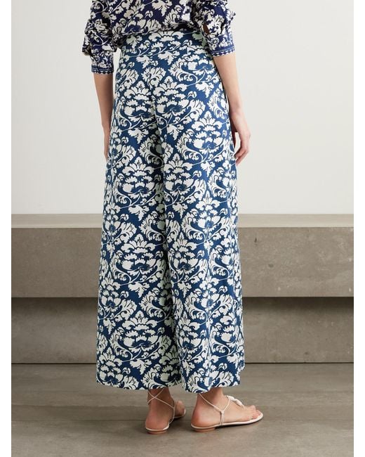 Emporio Sirenuse Blue Adele Lotus Floral-Print Cotton-Twill Wide-Leg Pants