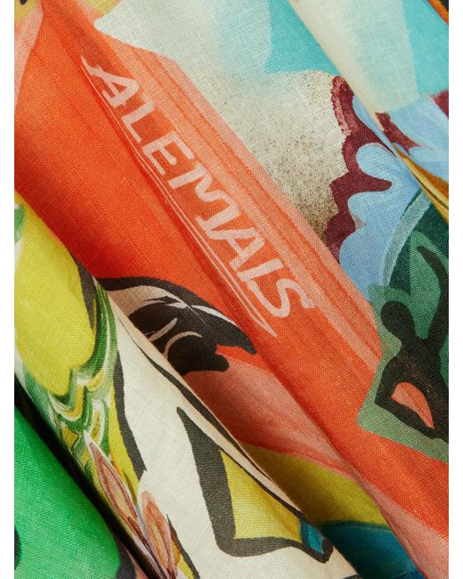 ALÉMAIS White Lucky Pace Printed Shirred Linen Dress