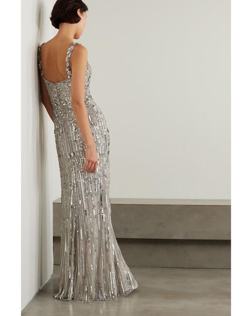 Jenny Packham Gray Bright Gem Embellished Sequined Tulle Gown