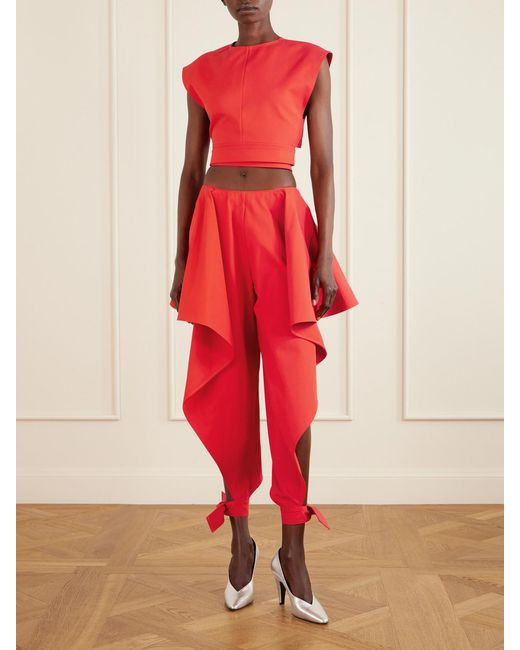 Alaïa Red Paneled Ruffled Cotton-Gabardine Wide-Leg Pants
