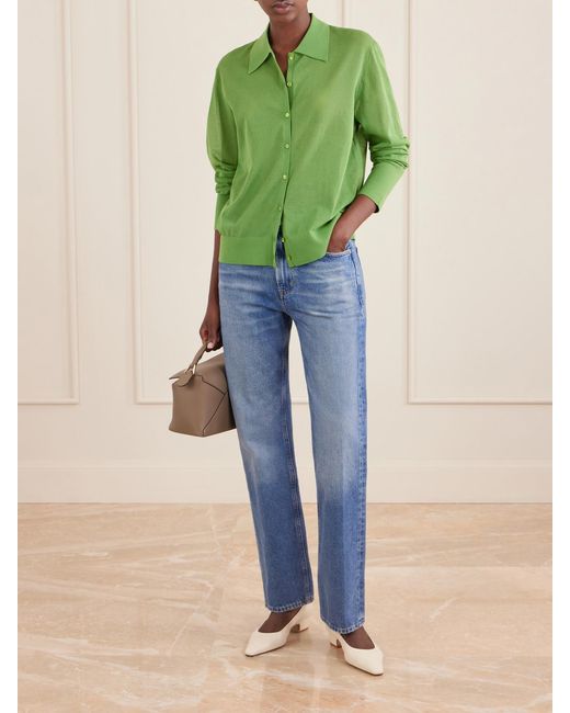 FRAME Green The Collared Cardi Cotton-Blend Cardigan