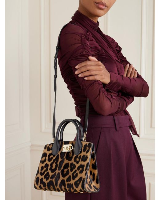 Ferragamo Black The Studio Box Leather-Trimmed Leopard-Print Calf Hair Tote