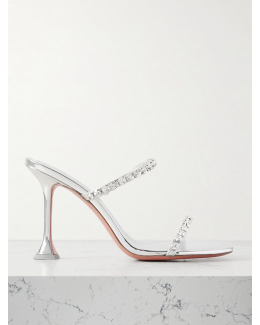 AMINA MUADDI White Gigi Crystal-Embellished Mirrored-Leather Mules