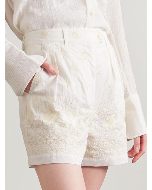 Alix Of Bohemia Natural Deena Pleated Embroidered Cotton-Voile Shorts