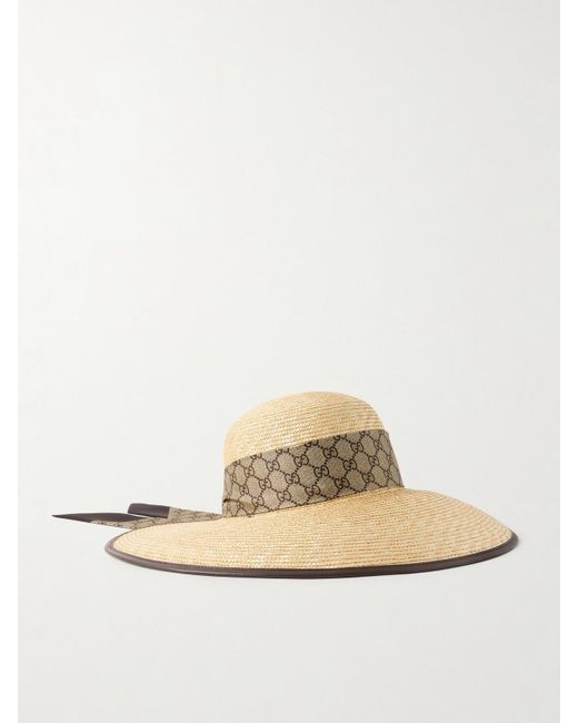Gucci White Stephie Leather And Printed Twill-Trimmed Straw Sunhat