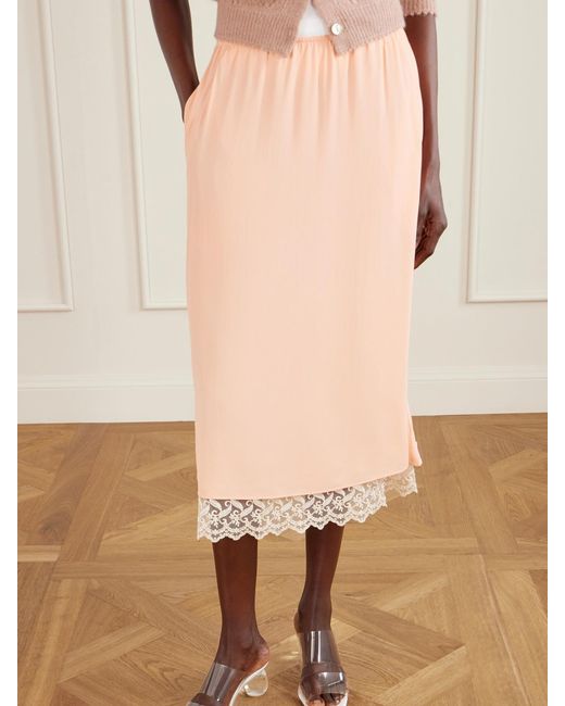 Simone Rocha Pink Layered Lace-Trimmed Crepe De Chine Midi Skirt