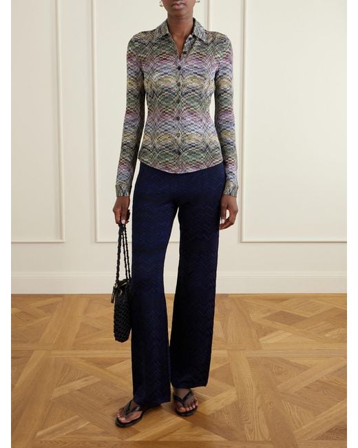 Missoni Blue Striped Crochet-Knit Straight-Leg Pants
