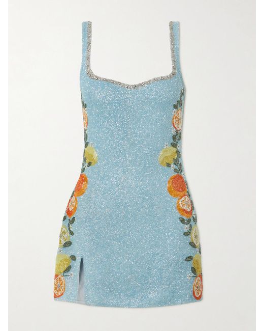 Clio Peppiatt Blue Capri Crystal-Embellished Beaded Tulle Mini Dress