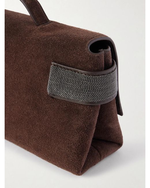Brunello Cucinelli Brown Bead-Detailed Suede Clutch