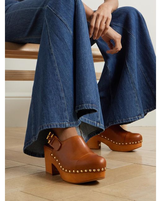 Chloé Brown Jeannette Studded Leather Slingback Platform Clogs