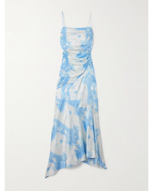 Ganni Blue Ruched Asymmetric Printed Recycled-satin Midi Dress