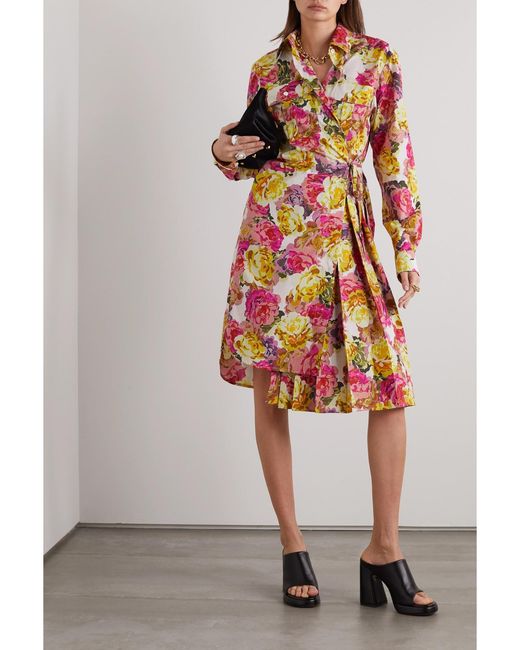 Dries Van Noten Multicolor Pleated Belted Floral-Print Cotton-Poplin Wrap Dress