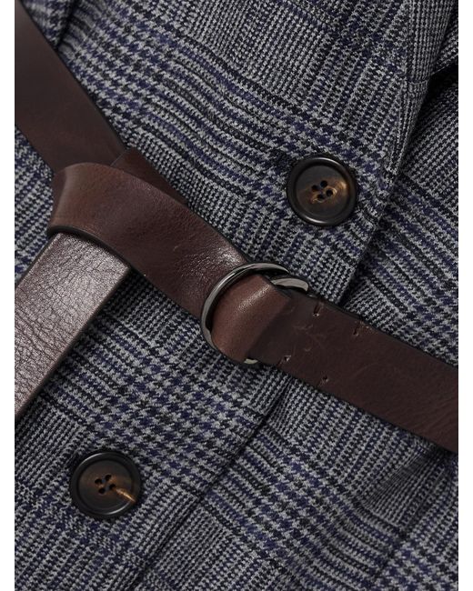 Brunello Cucinelli Black Bead-Embellished Leather-Trimmed Belted Prince Of Wales Checked Wool Vest