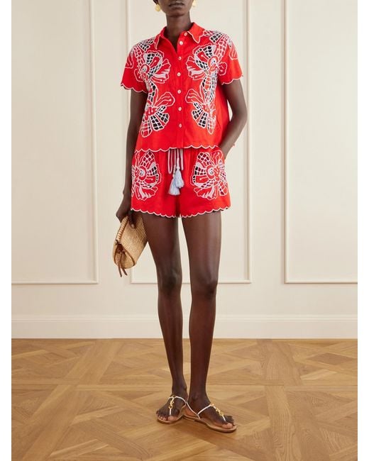 Farm Rio Embroidered Linen-Blend Shorts