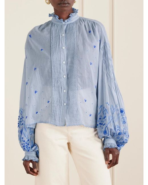 Thierry Colson Blue Slava Ruched Pleated Embroidered Cotton-Voile Shirt