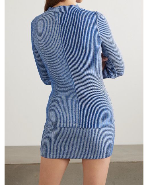 Escvdo Blue Dual Paneled Ribbed Cotton Turtleneck Sweater