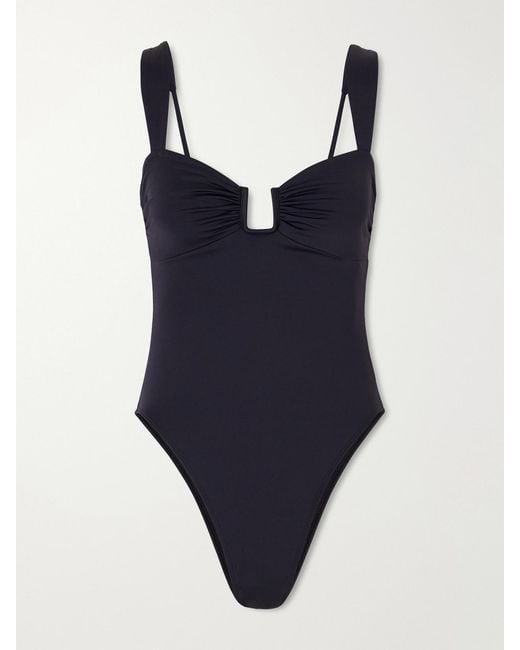Away That Day Blue Cannes Embellished Gathered Swimsuit