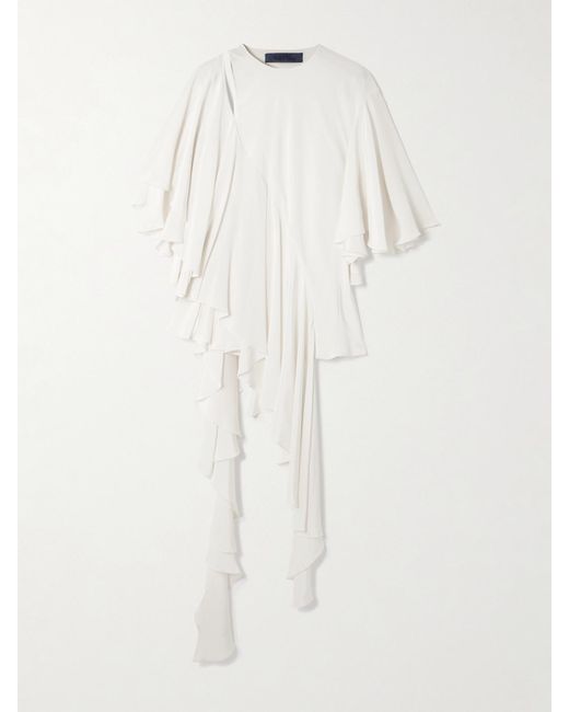 Sharon Wauchob White Thea Asymmetric Ruffled Cutout Silk Top