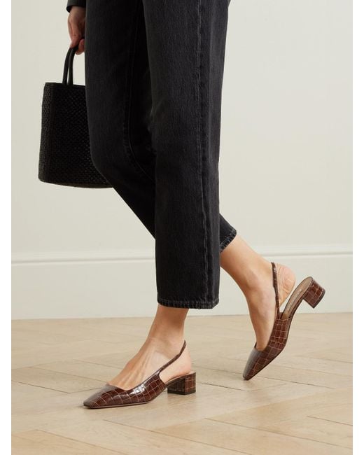 Aquazzura Brown Ginza 35 Croc-Effect Leather Slingback Pumps