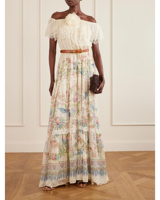 Etro Natural Off-The-Shoulder Lace-Trimmed Floral-Print Silk-Chiffon Maxi Dress