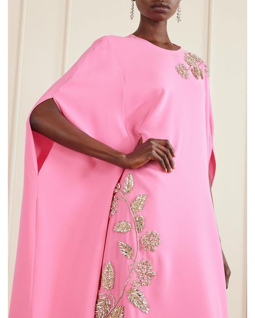 Oscar de la Renta Pink Cape-Effect Embellished Silk-Blend Gown