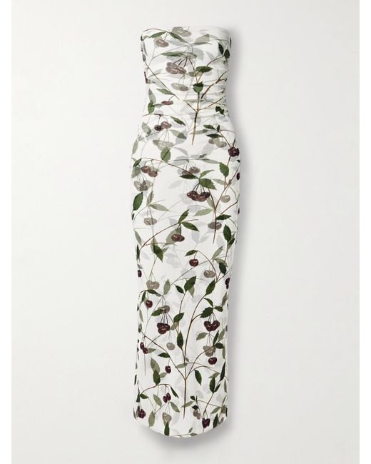 Stella McCartney White Strapless Ruched Printed Stretch-Mesh Maxi Dress