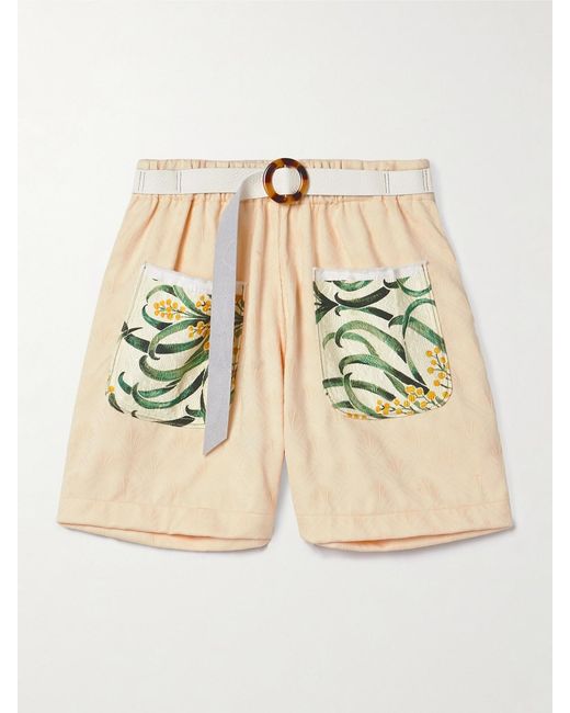 Thank You Have A Good Day Natural Belted Printed Cloqué-Trimmed Cotton-Jacquard Shorts