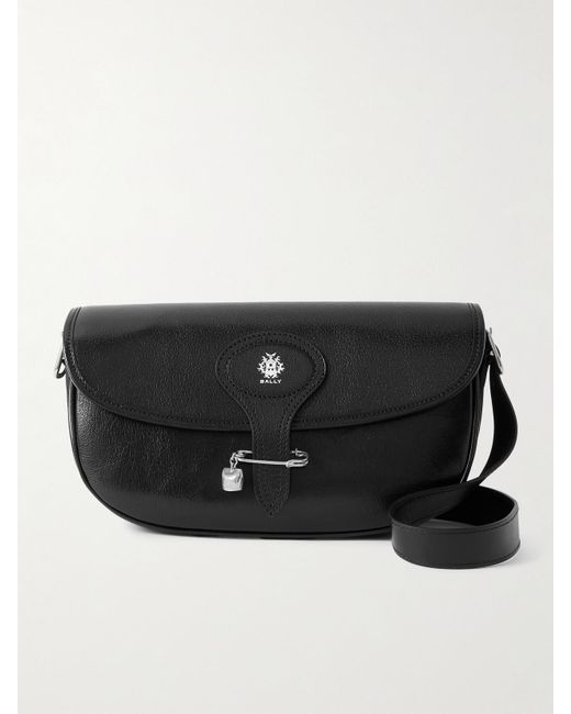 Bally Black Beckett Embellished Glossed Textured-Leather Shoulder Bag