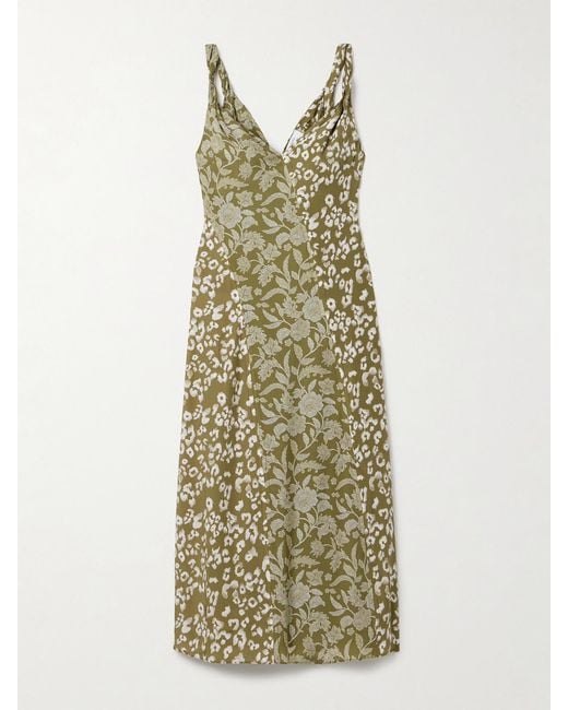 La Ligne Green Joelle Printed Silk-Charmeuse Midi Dress