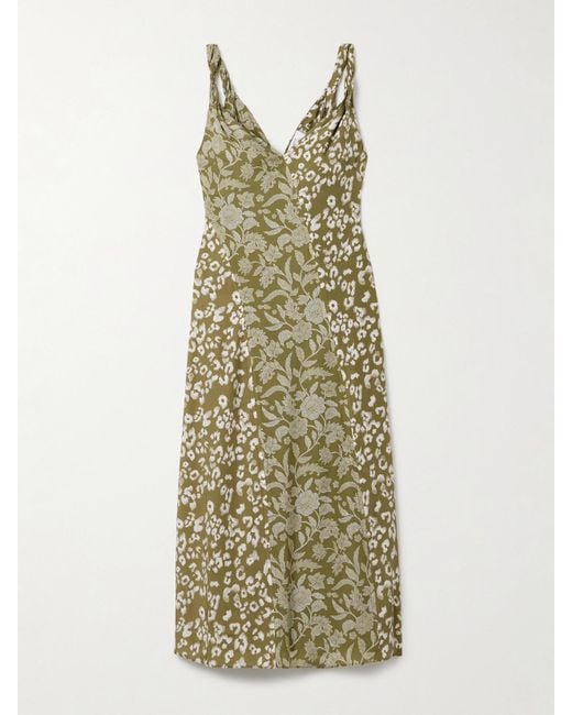 La Ligne Green Joelle Printed Silk-Charmeuse Midi Dress