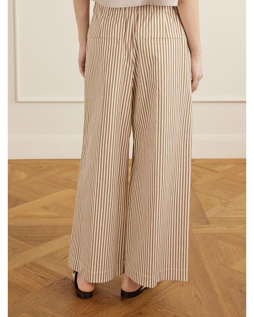 Brunello Cucinelli Natural Cropped Pleated Striped Cotton-Blend Wide-Leg Pants