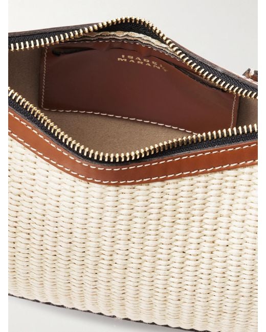 Isabel Marant Natural Oskan Moon Studded Leather-Trimmed Raffia Shoulder Bag