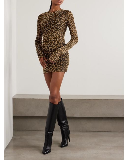 Saint Laurent Multicolor Leopard-Print Ruched Mesh Mini Dress